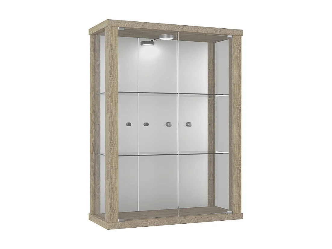 Vitrine murale avec 2 portes, 2 étagères en verre réglables en hauteur & miroir - Avec éclairage LED - 80x60x25 cm - Chêne Sonoma