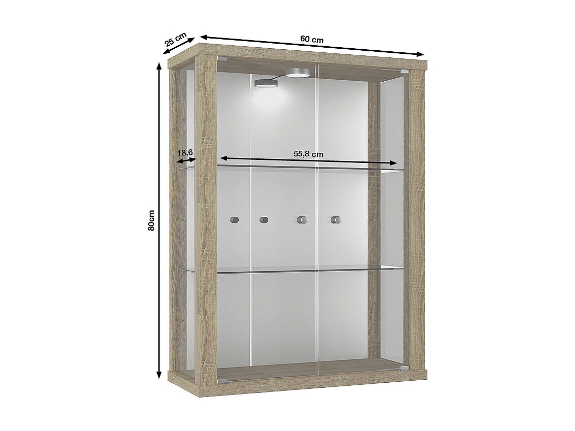 Vitrine murale avec 2 portes, 2 étagères en verre réglables en hauteur & miroir - Avec éclairage LED - 80x60x25 cm - Chêne Sonoma
