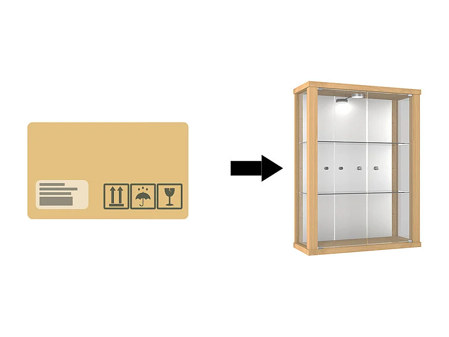 Vitrine murale avec 2 portes, 2 étagères en verre réglables en hauteur & miroir - Avec éclairage LED - 80x60x25 cm - Chêne Sonoma