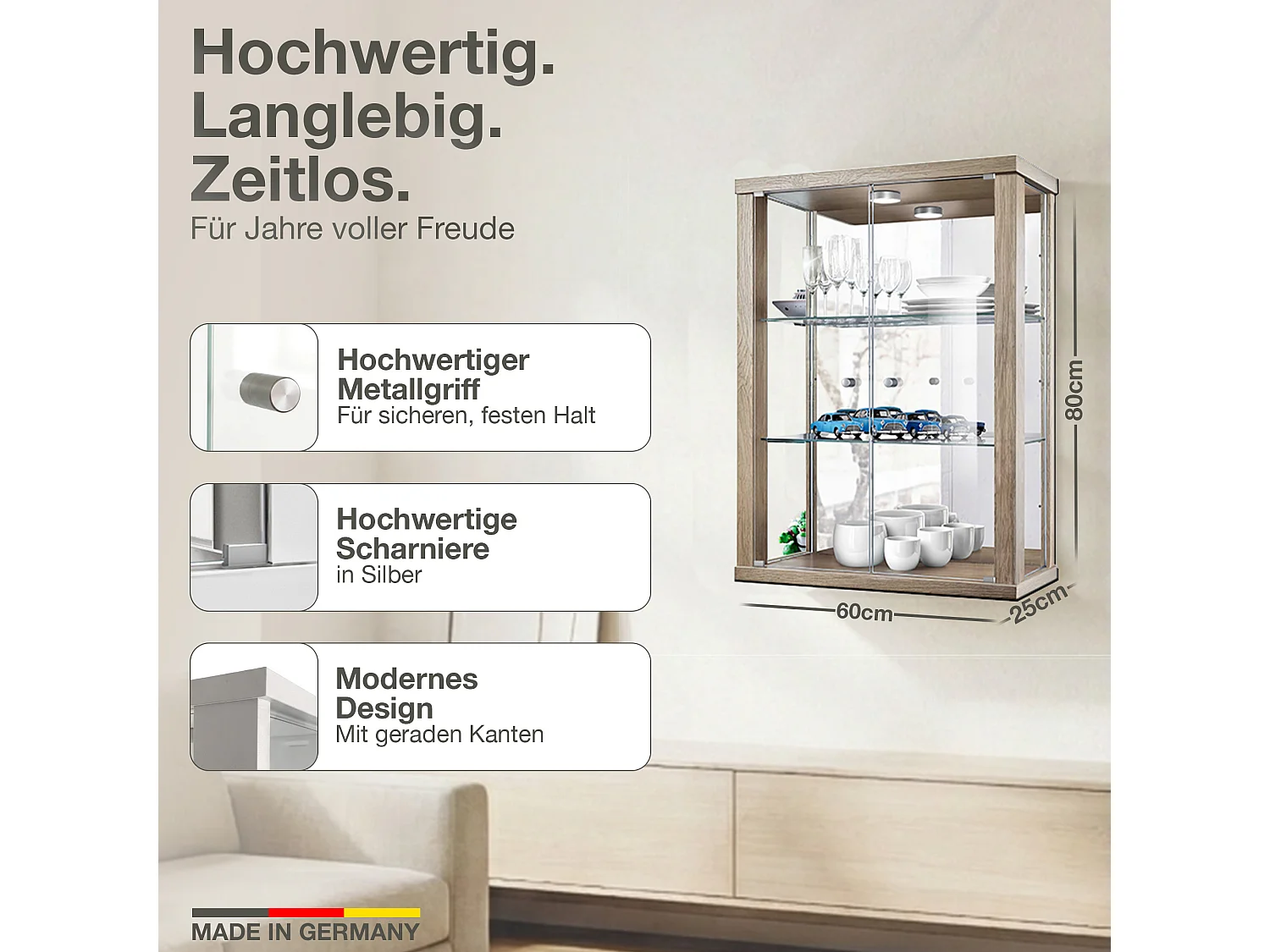 Vitrine murale avec 2 portes, 2 étagères en verre réglables en hauteur & miroir - Avec éclairage LED - 80x60x25 cm - Chêne Sonoma