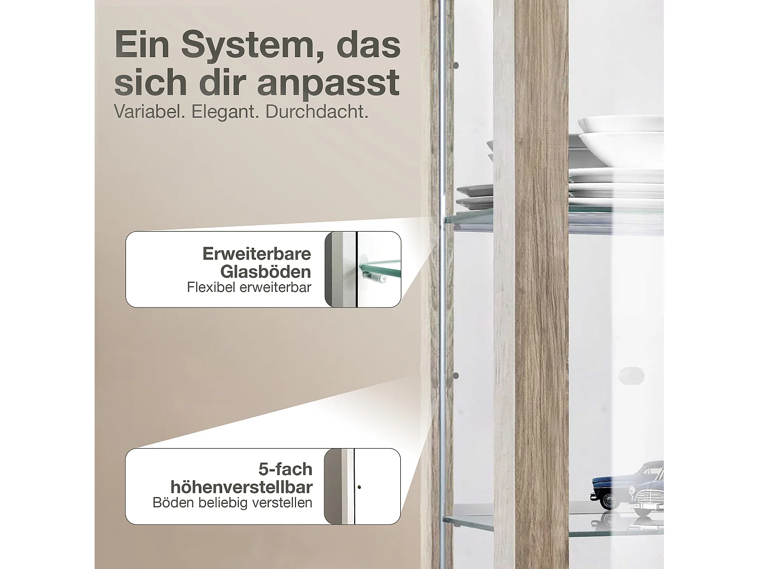 Vitrine murale avec 2 portes, 2 étagères en verre réglables en hauteur & miroir - Avec éclairage LED - 80x60x25 cm - Chêne Sonoma