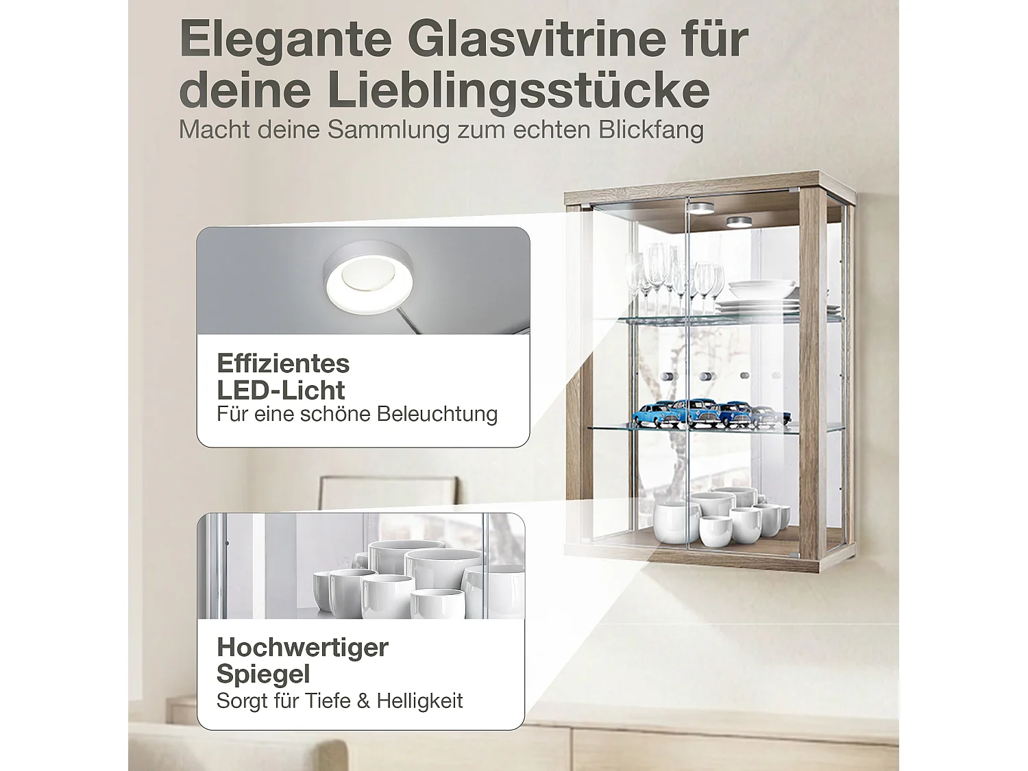 Vitrine murale avec 2 portes, 2 étagères en verre réglables en hauteur & miroir - Avec éclairage LED - 80x60x25 cm - Chêne Sonoma