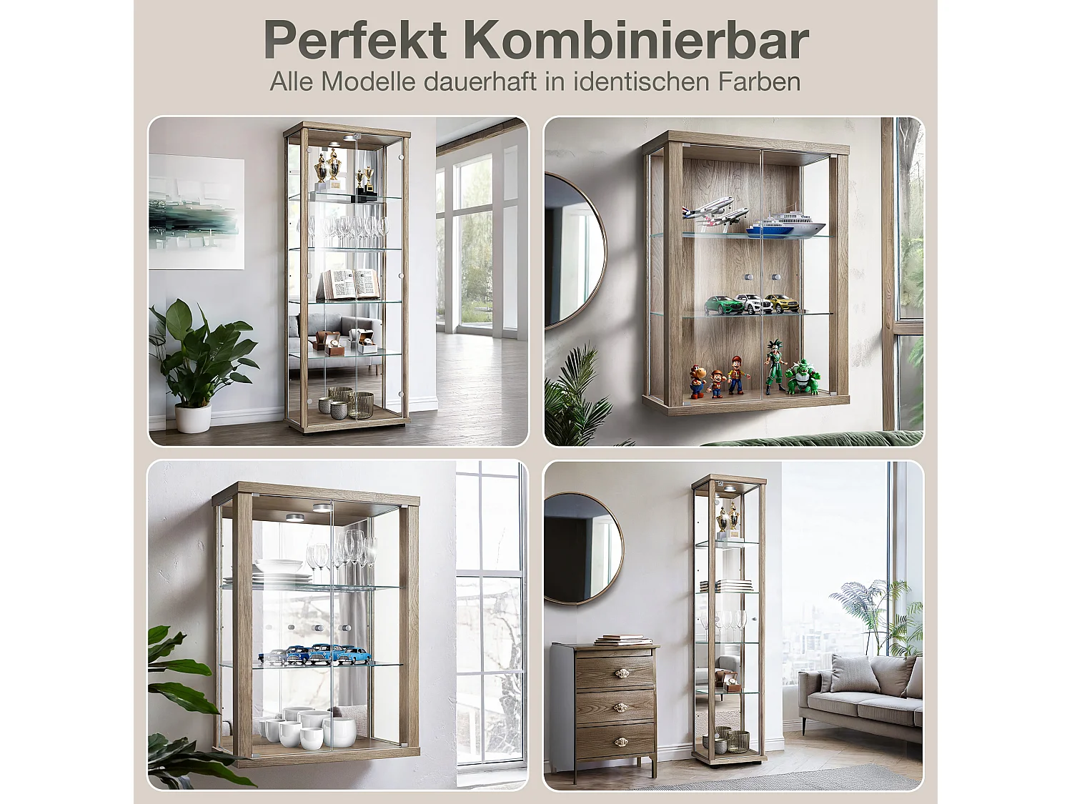 Vitrine murale avec 2 portes, 2 étagères en verre réglables en hauteur & miroir - Avec éclairage LED - 80x60x25 cm - Chêne Sonoma
