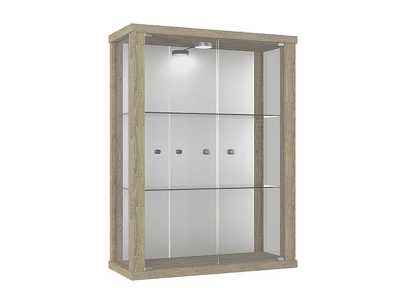 Vitrine murale avec 2 portes, 2 étagères en verre réglables en hauteur & miroir - Avec éclairage LED - 80x60x25 cm - Chêne Sonoma