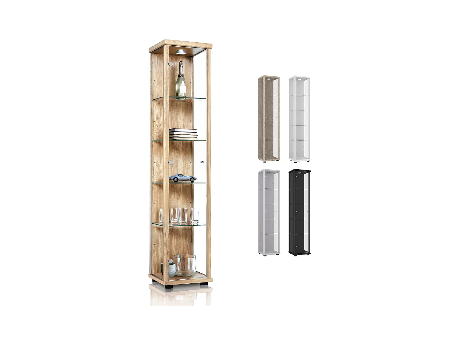 Vitrine sur pied avec 1 porte, 4 étagères en verre réglables en hauteur & miroir - Avec éclairage LED - 176x37x33 cm - Couleur hêtre