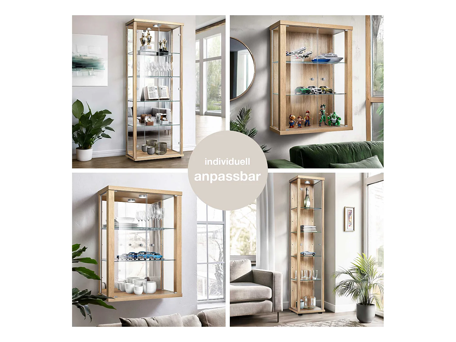 Vitrine sur pied avec 1 porte, 4 étagères en verre réglables en hauteur & miroir - Avec éclairage LED - 176x37x33 cm - Couleur hêtre