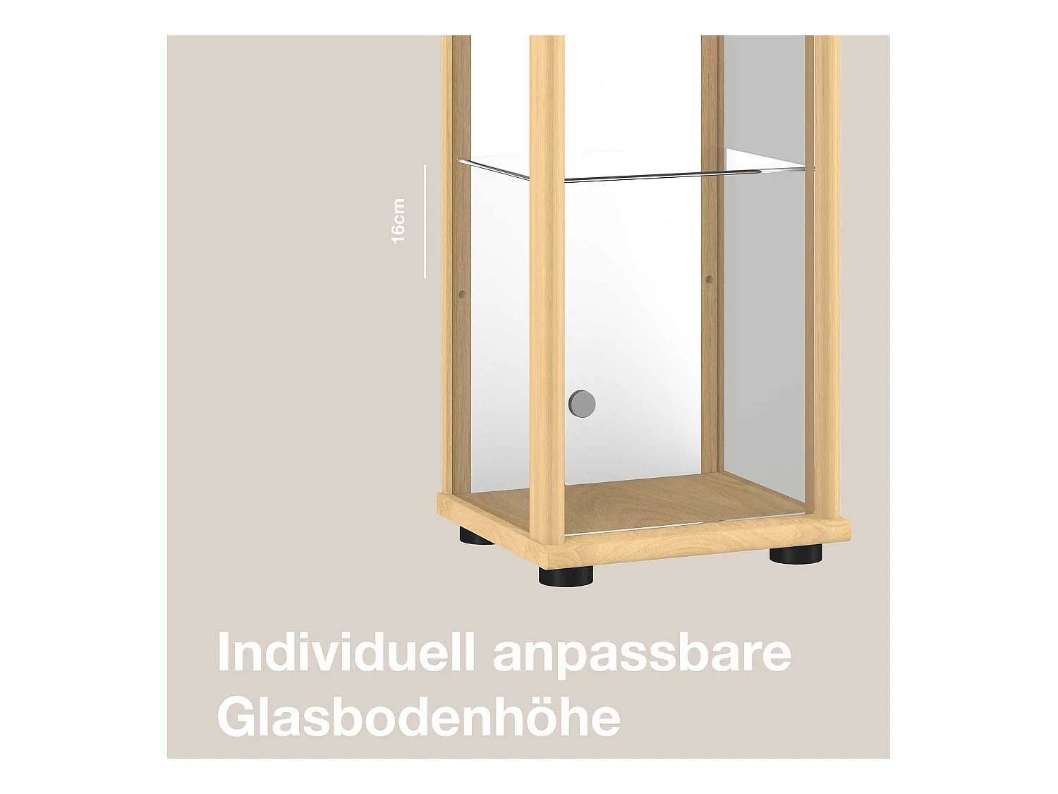 Vitrine sur pied avec 1 porte, 4 étagères en verre réglables en hauteur & miroir - Avec éclairage LED - 176x37x33 cm - Couleur hêtre