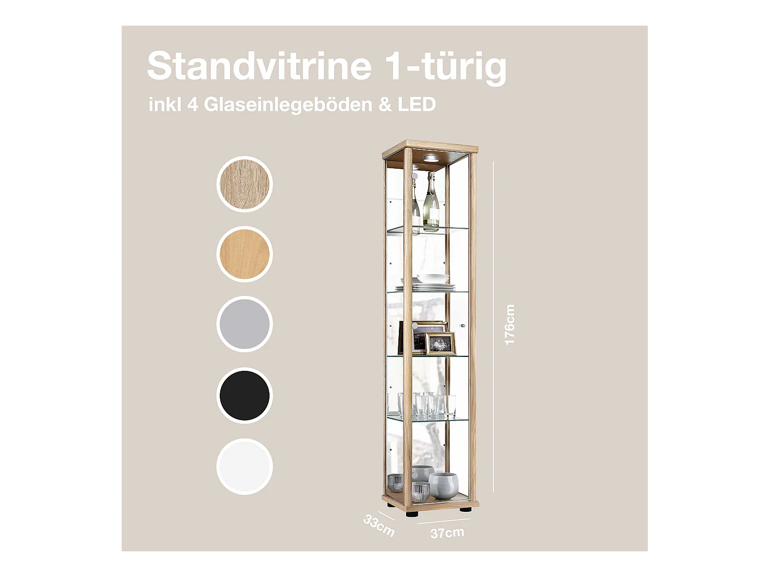 Staande vitrine met 1 deur, 4 in hoogte verstelbare glasplanken & spiegel - Met LED-verlichting - 176x37x33 cm - Beukenhoutkleur