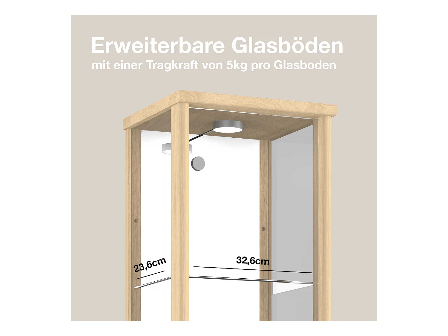 Staande vitrine met 1 deur, 4 in hoogte verstelbare glasplanken & spiegel - Met LED-verlichting - 176x37x33 cm - Beukenhoutkleur