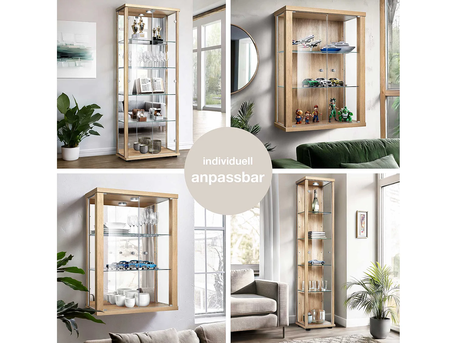 Vitrine sur pied avec 1 porte, 4 étagères en verre réglables en hauteur & miroir - Avec éclairage LED - 176x37x33 cm - Couleur hêtre