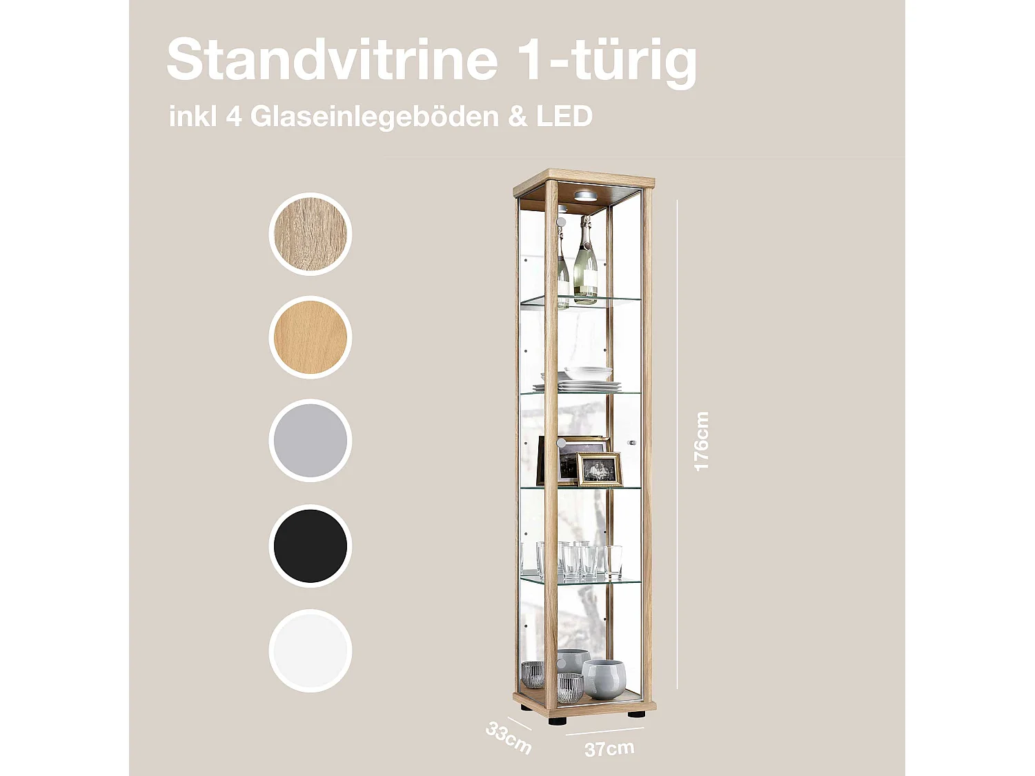 Vitrine sur pied avec 1 porte, 4 étagères en verre réglables en hauteur & miroir - Avec éclairage LED - 176x37x33 cm - Couleur hêtre