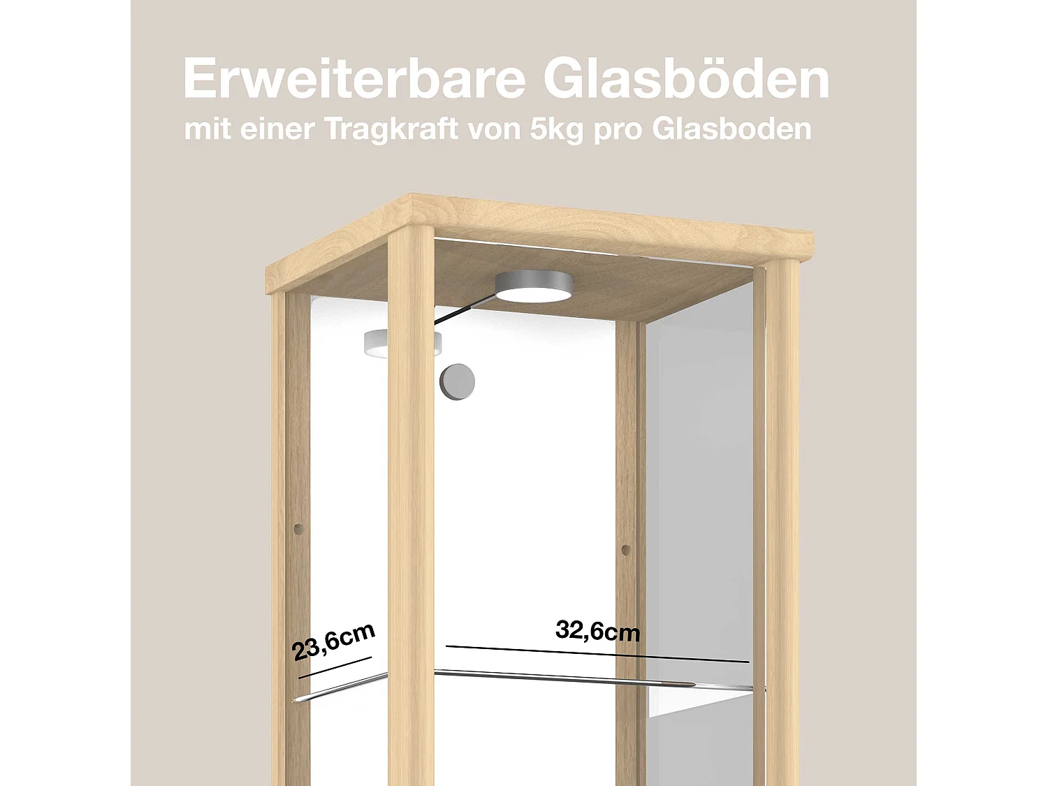 Vitrine sur pied avec 1 porte, 4 étagères en verre réglables en hauteur & miroir - Avec éclairage LED - 176x37x33 cm - Couleur hêtre