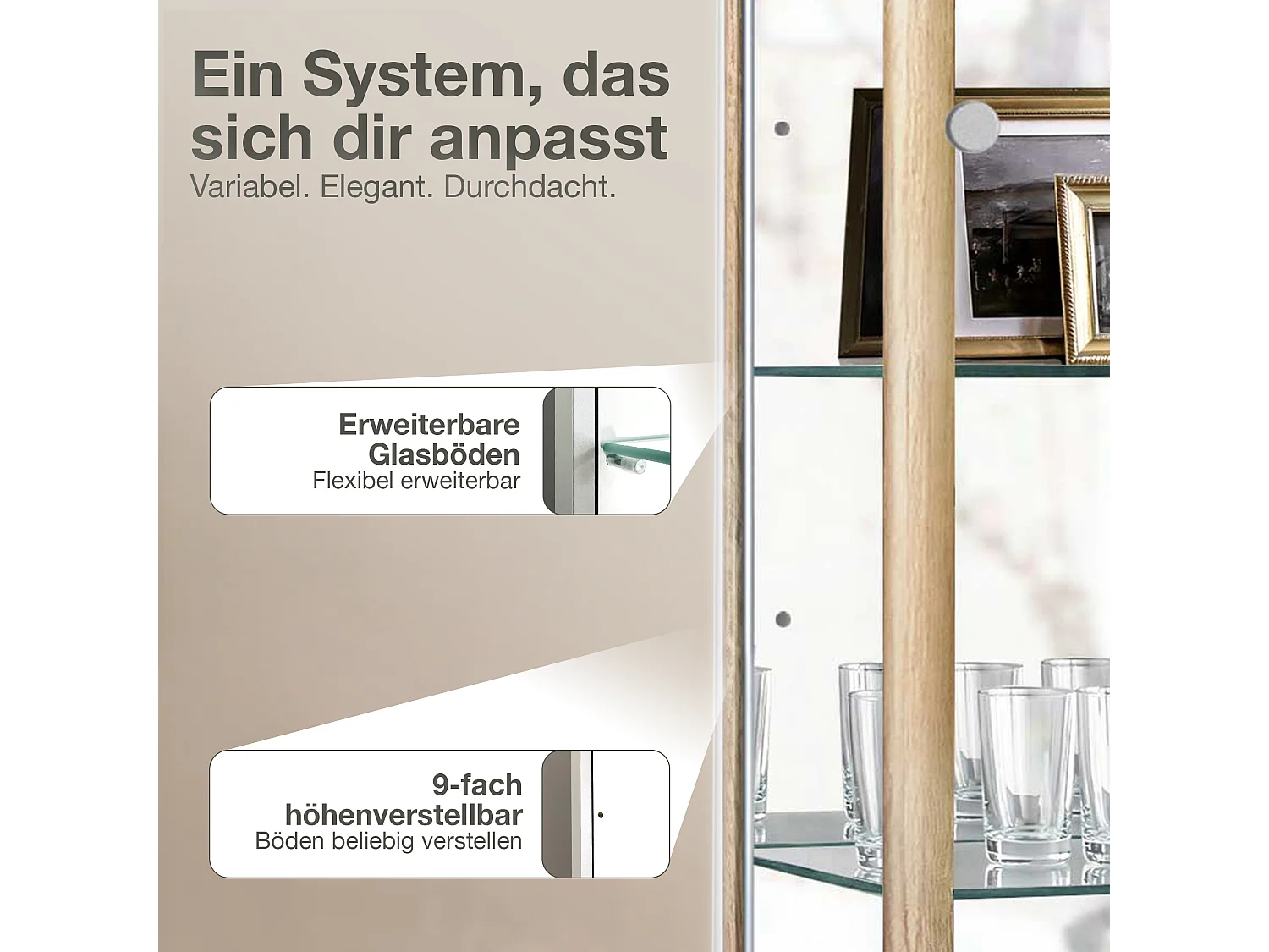 Vitrine sur pied avec 1 porte, 4 étagères en verre réglables en hauteur & miroir - Avec éclairage LED - 176x37x33 cm - Couleur hêtre