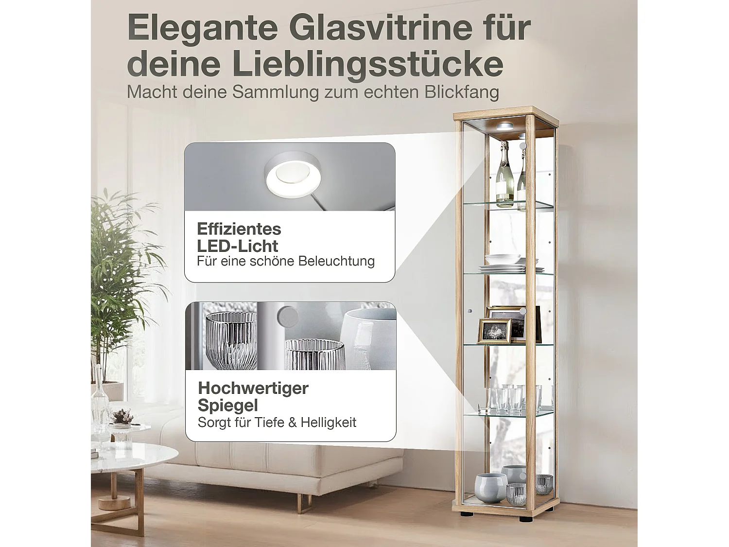 Vitrine sur pied avec 1 porte, 4 étagères en verre réglables en hauteur & miroir - Avec éclairage LED - 176x37x33 cm - Couleur hêtre