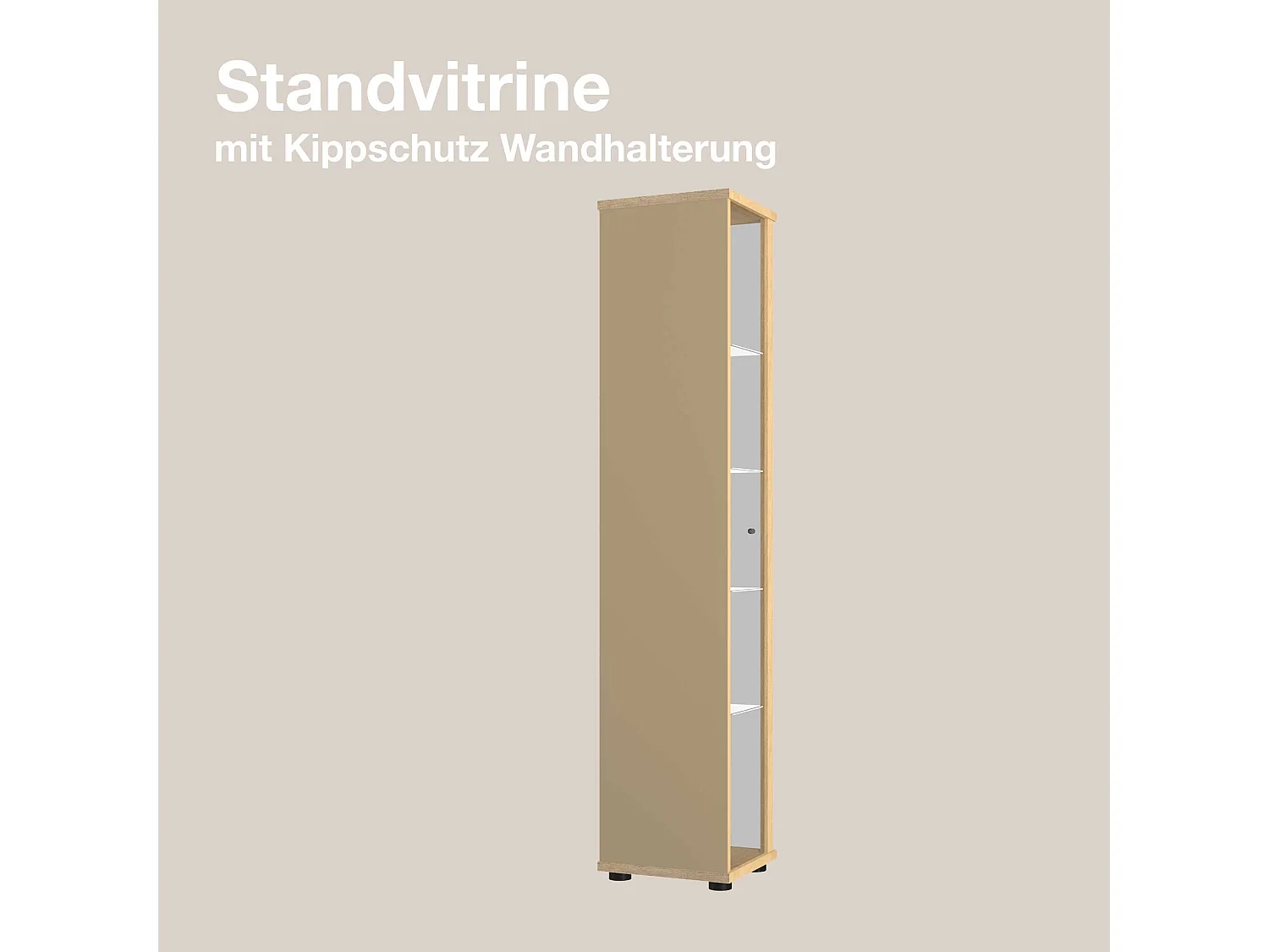 Vitrine sur pied avec 1 porte, 4 étagères en verre réglables en hauteur & miroir - Avec éclairage LED - 176x37x33 cm - Couleur hêtre