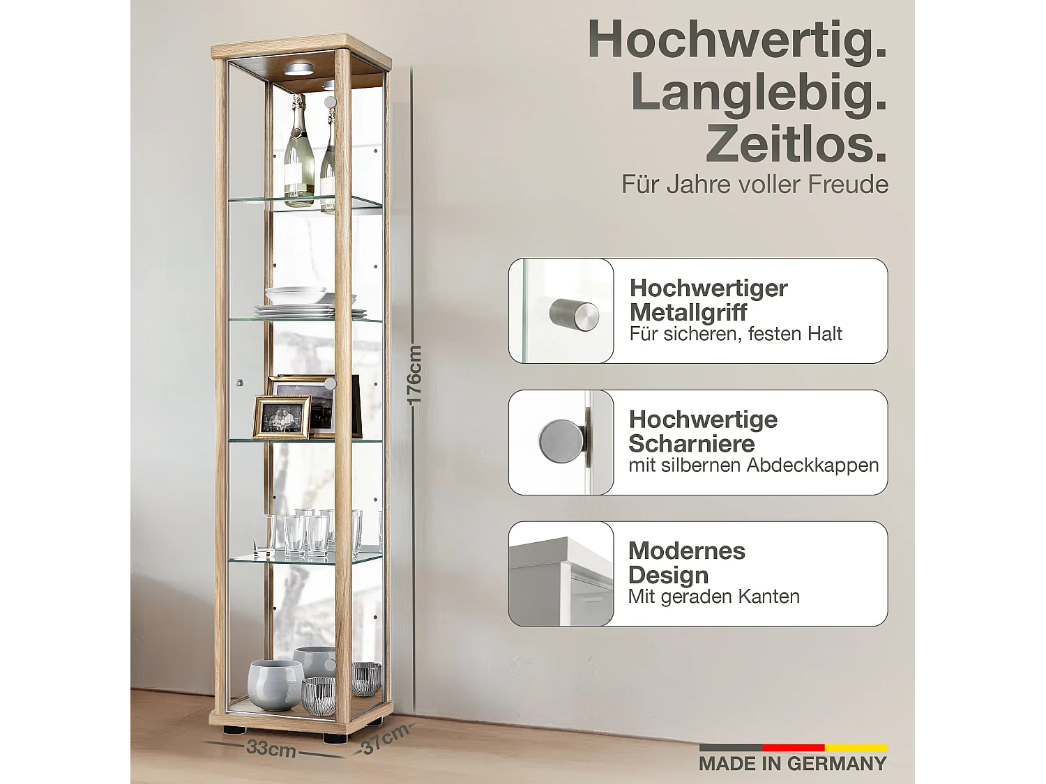 Staande vitrine met 1 deur, 4 in hoogte verstelbare glasplanken & spiegel - Met LED-verlichting - 176x37x33 cm - Beukenhoutkleur