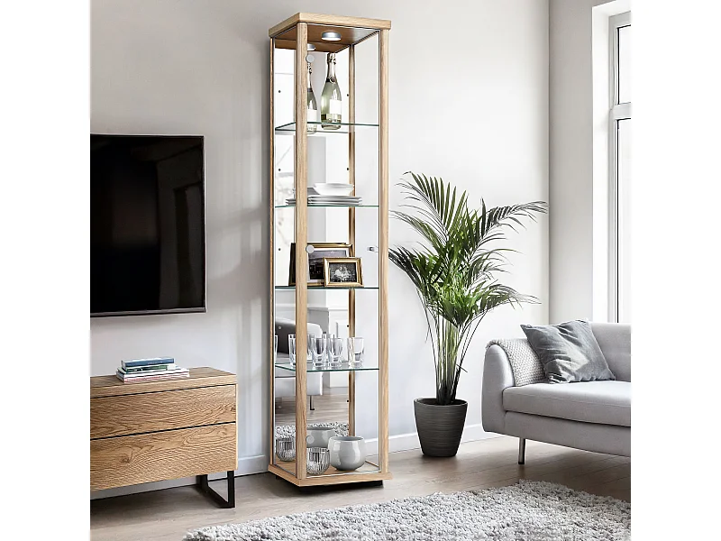 Staande vitrine met 1 deur, 4 in hoogte verstelbare glasplanken & spiegel - Met LED-verlichting - 176x37x33 cm - Beukenhoutkleur