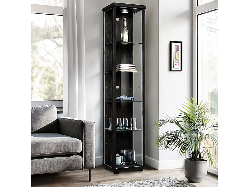 Vitrine sur pied avec 1 porte, 4 étagères en verre réglables en hauteur - Avec éclairage LED - 176x37x33 cm - Noir