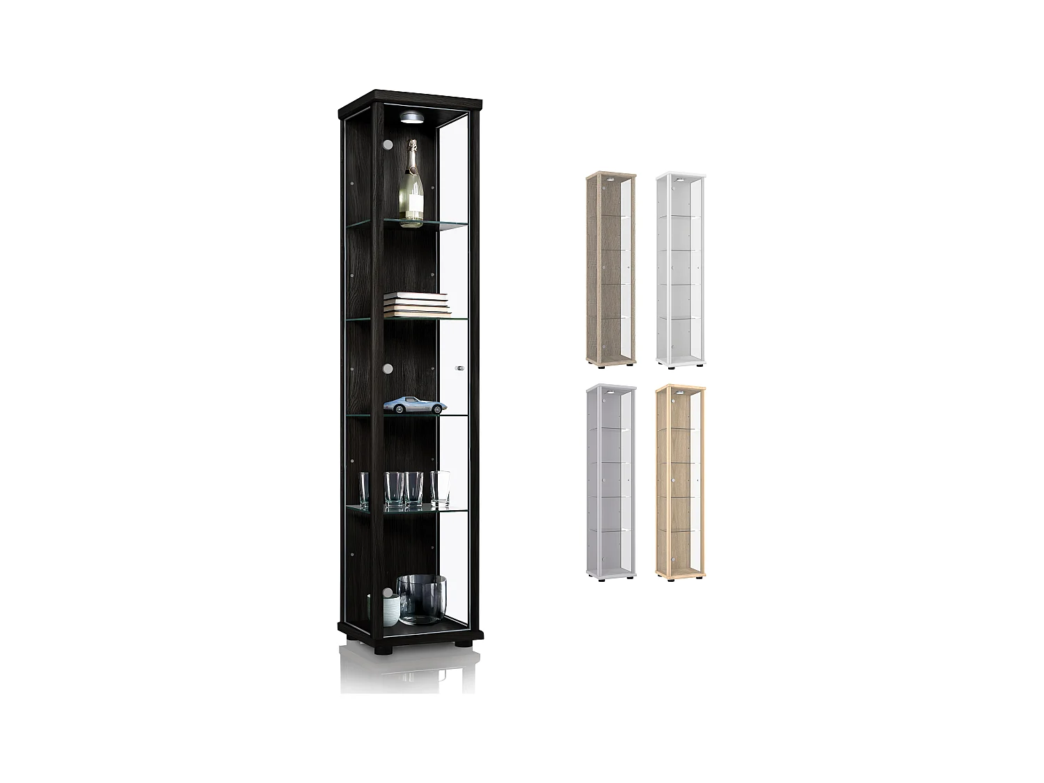 Standvitrine mit 1 Tür, 4 Höhenverstellbaren Glasböden - Mit LED-Beleuchtung- 176x37x33 cm - Schwarz