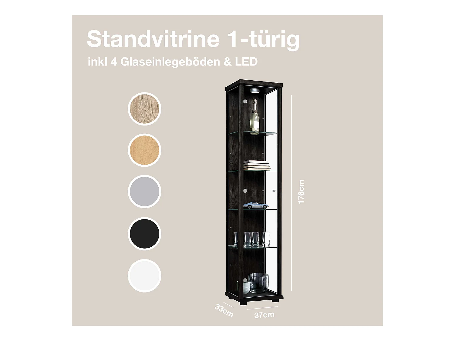 Standvitrine mit 1 Tür, 4 Höhenverstellbaren Glasböden - Mit LED-Beleuchtung- 176x37x33 cm - Schwarz