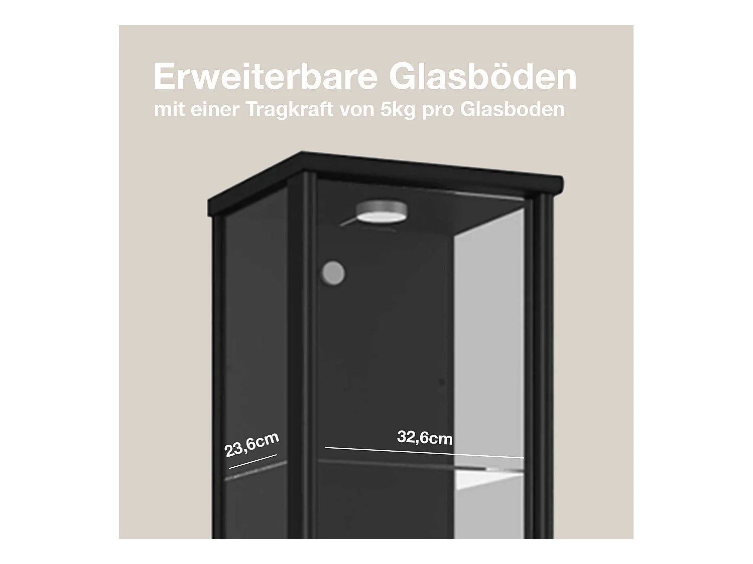 Standvitrine mit 1 Tür, 4 Höhenverstellbaren Glasböden - Mit LED-Beleuchtung- 176x37x33 cm - Schwarz