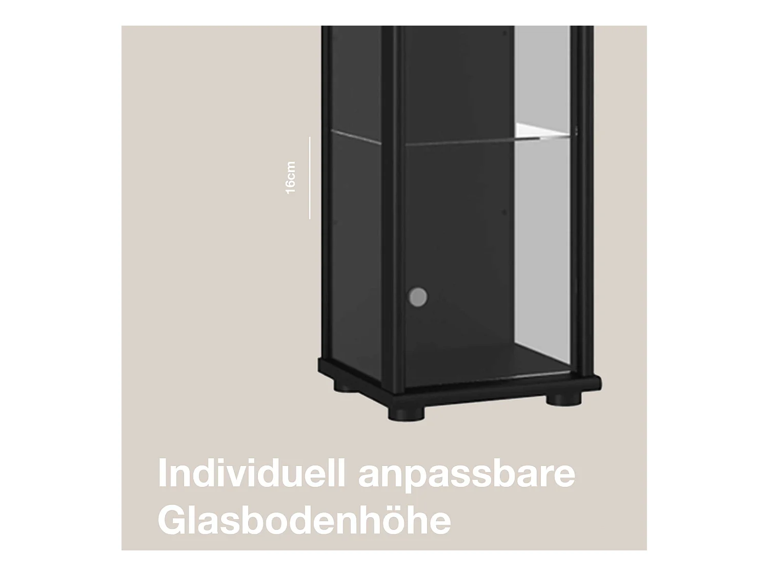 Standvitrine mit 1 Tür, 4 Höhenverstellbaren Glasböden - Mit LED-Beleuchtung- 176x37x33 cm - Schwarz