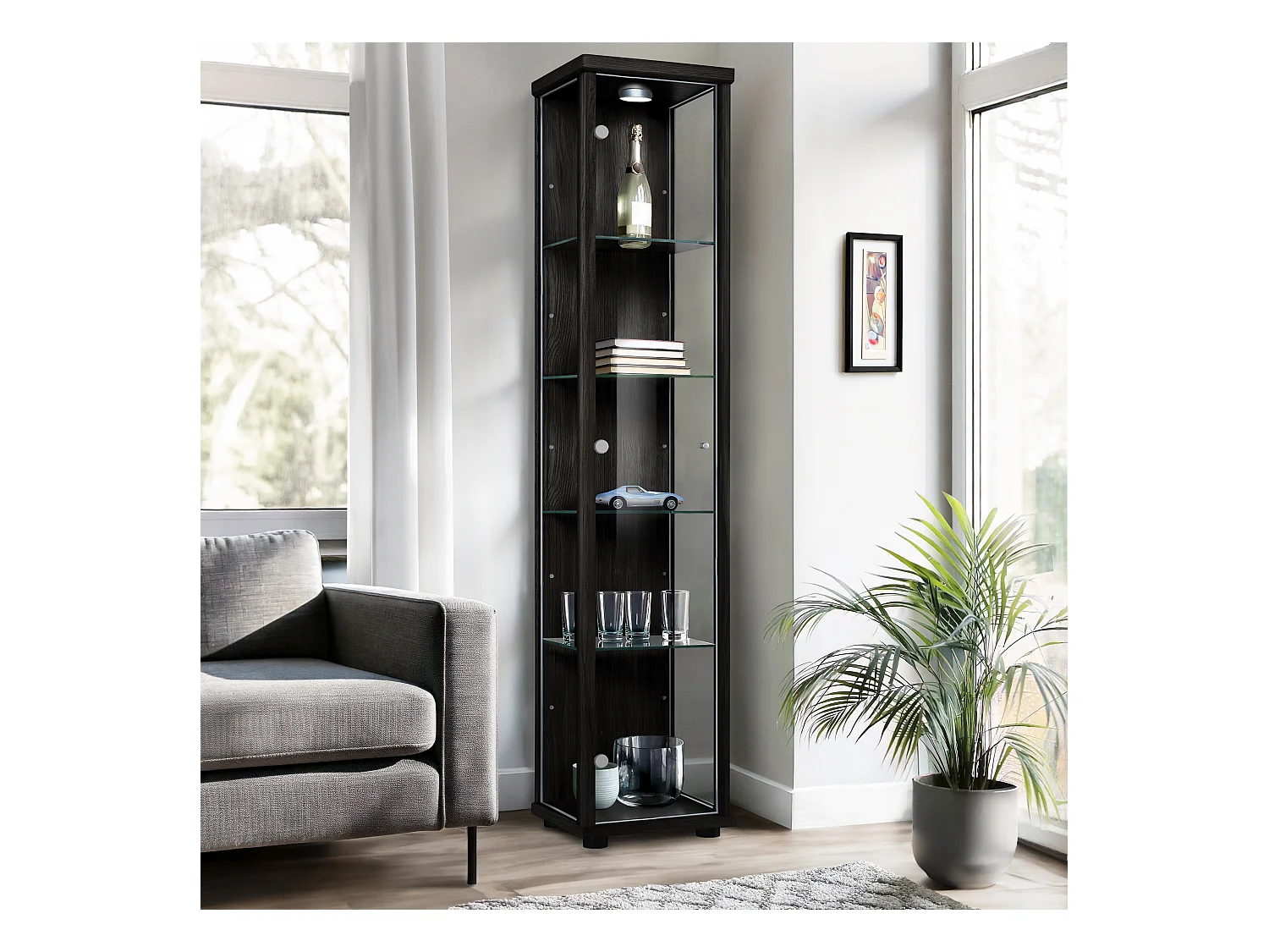 Vitrine sur pied avec 1 porte, 4 étagères en verre réglables en hauteur - Avec éclairage LED - 176x37x33 cm - Noir