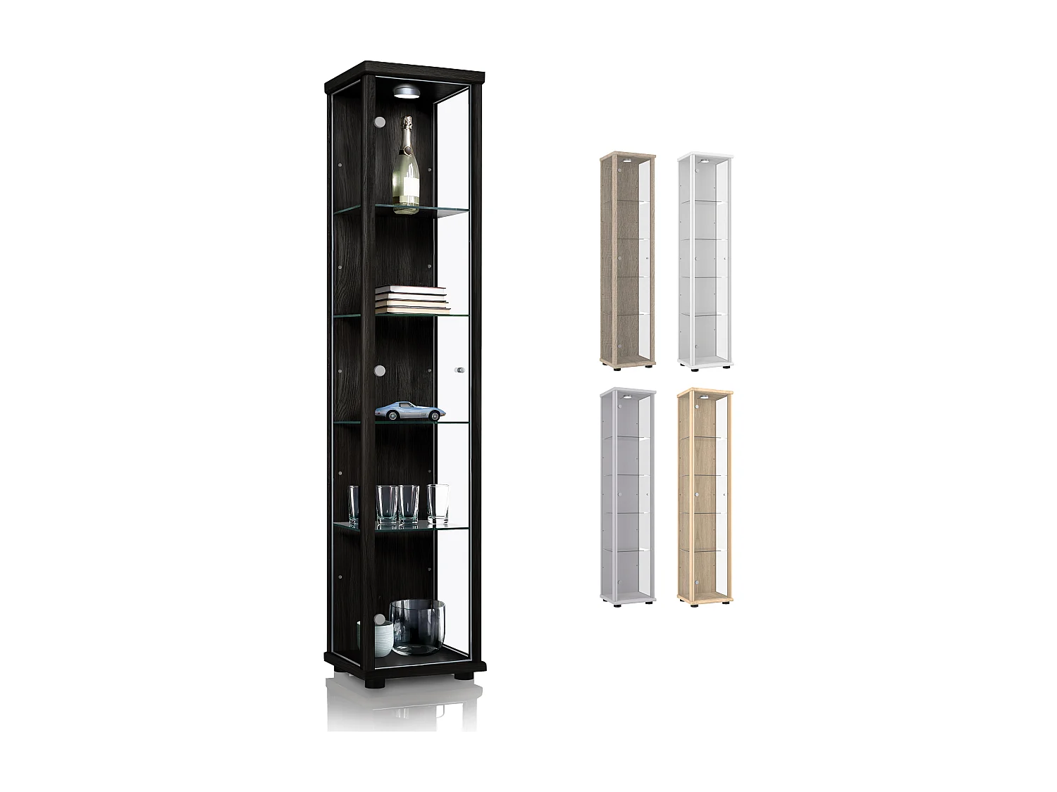 Vitrine sur pied avec 1 porte, 4 étagères en verre réglables en hauteur - Avec éclairage LED - 176x37x33 cm - Noir