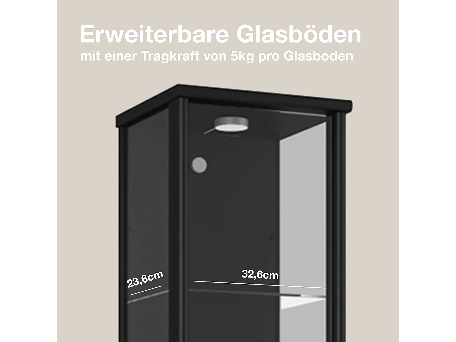 Vitrine sur pied avec 1 porte, 4 étagères en verre réglables en hauteur - Avec éclairage LED - 176x37x33 cm - Noir