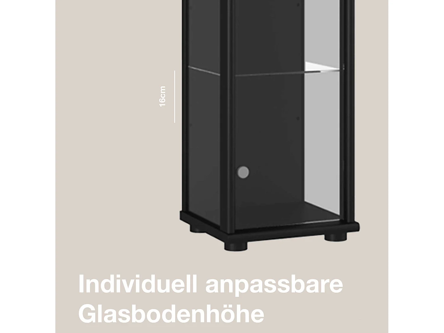 Vitrine sur pied avec 1 porte, 4 étagères en verre réglables en hauteur - Avec éclairage LED - 176x37x33 cm - Noir