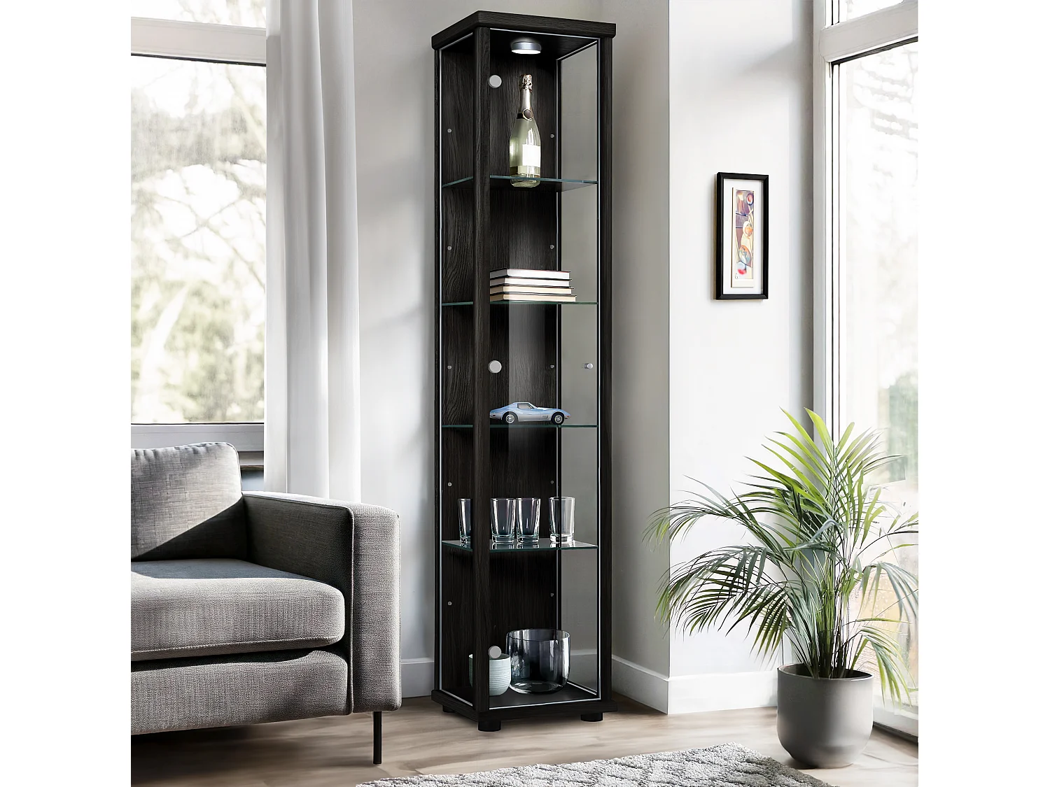 Vitrine sur pied avec 1 porte, 4 étagères en verre réglables en hauteur - Avec éclairage LED - 176x37x33 cm - Noir