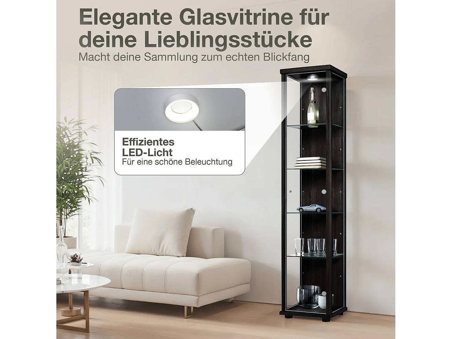 Vitrine sur pied avec 1 porte, 4 étagères en verre réglables en hauteur - Avec éclairage LED - 176x37x33 cm - Noir