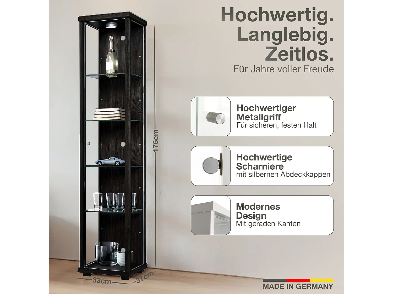 Vitrine sur pied avec 1 porte, 4 étagères en verre réglables en hauteur - Avec éclairage LED - 176x37x33 cm - Noir