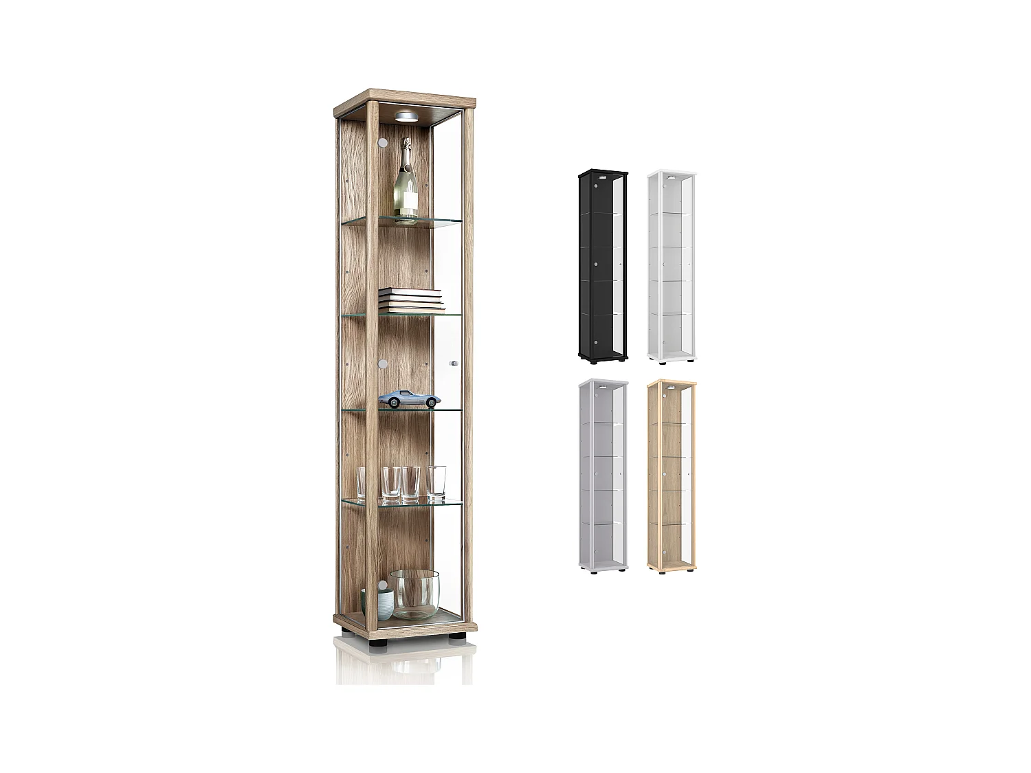 Standvitrine mit 1 Tür, 4 Höhenverstellbaren Glasböden - Mit LED-Beleuchtung- 176x37x33 cm - Sonoma Eiche