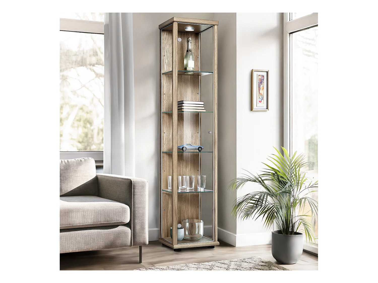 Standvitrine mit 1 Tür, 4 Höhenverstellbaren Glasböden - Mit LED-Beleuchtung- 176x37x33 cm - Sonoma Eiche