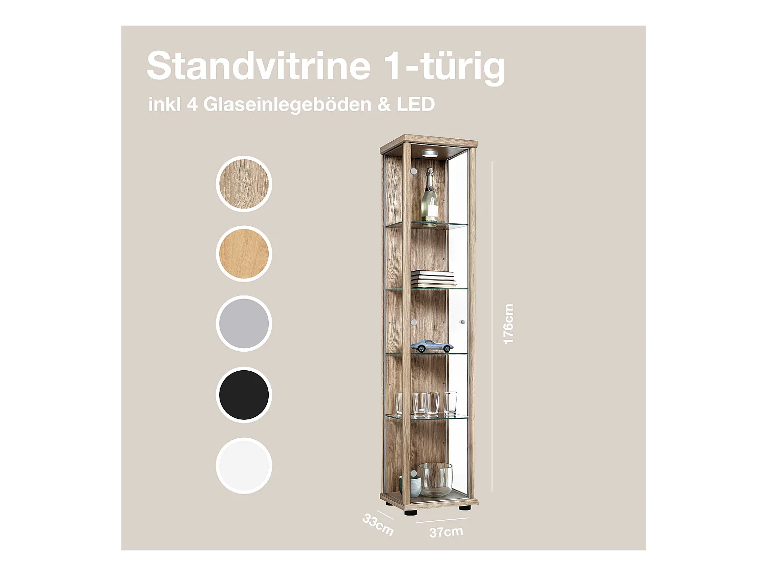 Standvitrine mit 1 Tür, 4 Höhenverstellbaren Glasböden - Mit LED-Beleuchtung- 176x37x33 cm - Sonoma Eiche