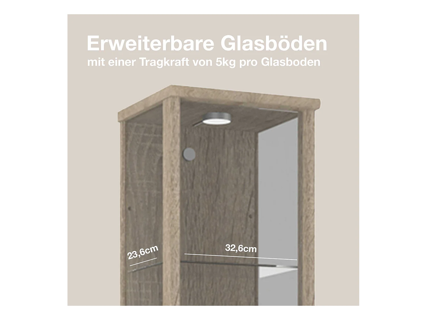 Standvitrine mit 1 Tür, 4 Höhenverstellbaren Glasböden - Mit LED-Beleuchtung- 176x37x33 cm - Sonoma Eiche