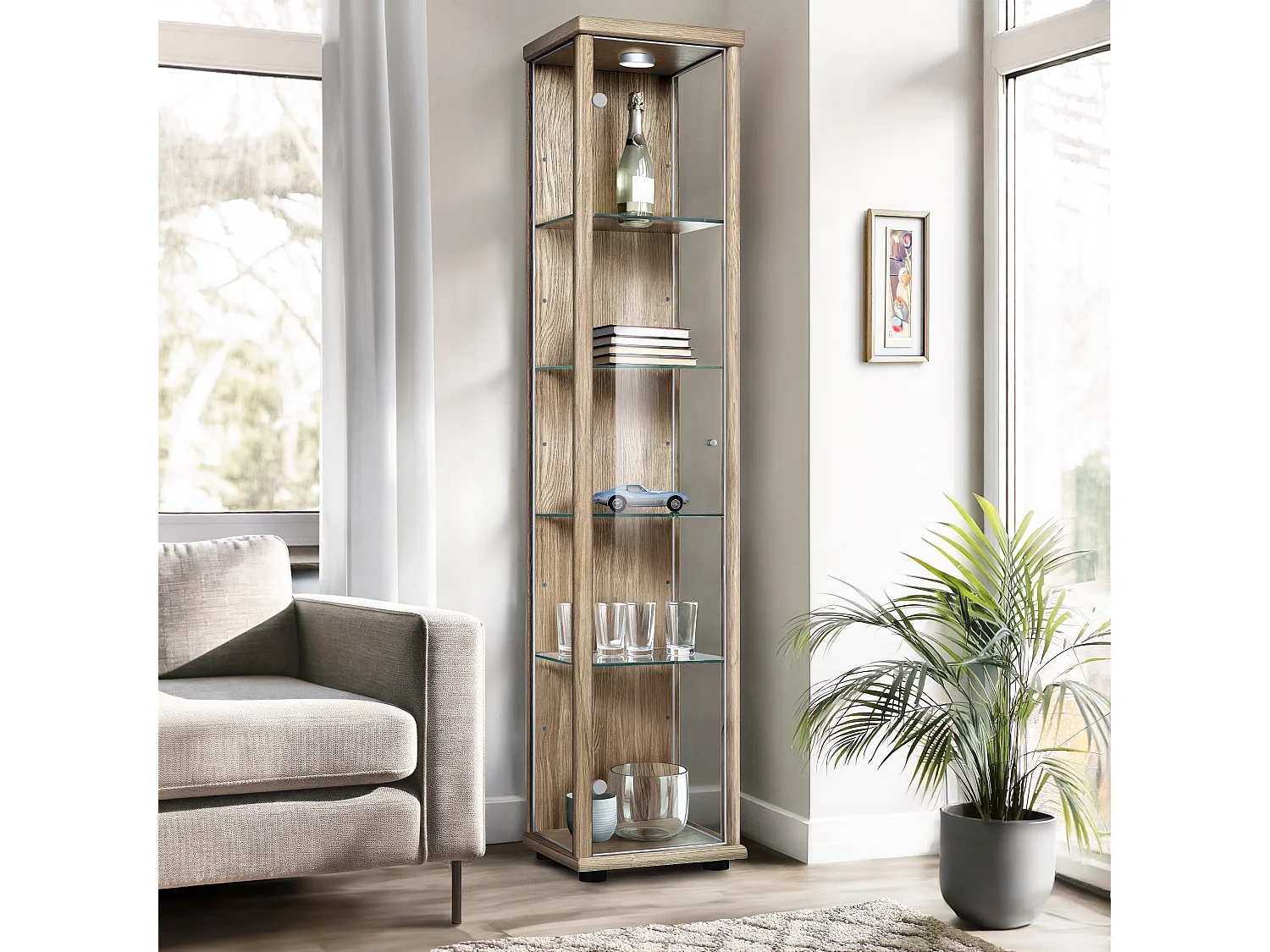 Staande vitrine met 1 deur, 4 in hoogte verstelbare glasplanken - Met LED-verlichting - 176x37x33 cm - Sonoma eiken