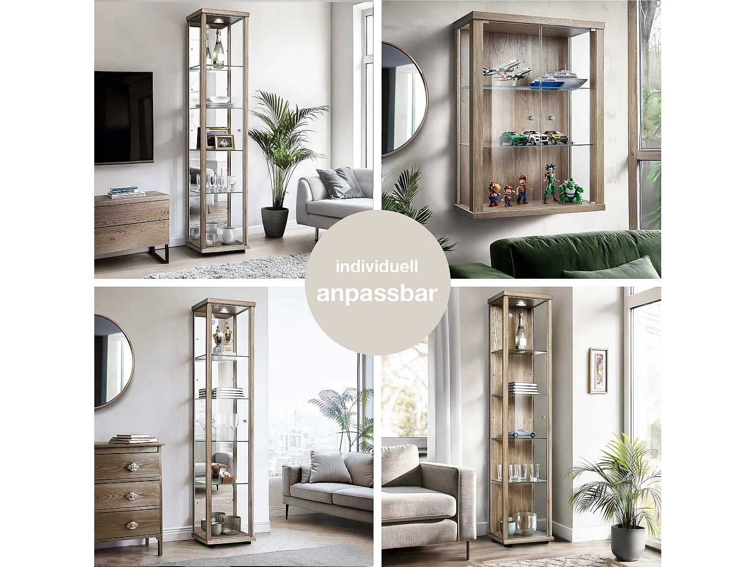 Staande vitrine met 1 deur, 4 in hoogte verstelbare glasplanken - Met LED-verlichting - 176x37x33 cm - Sonoma eiken