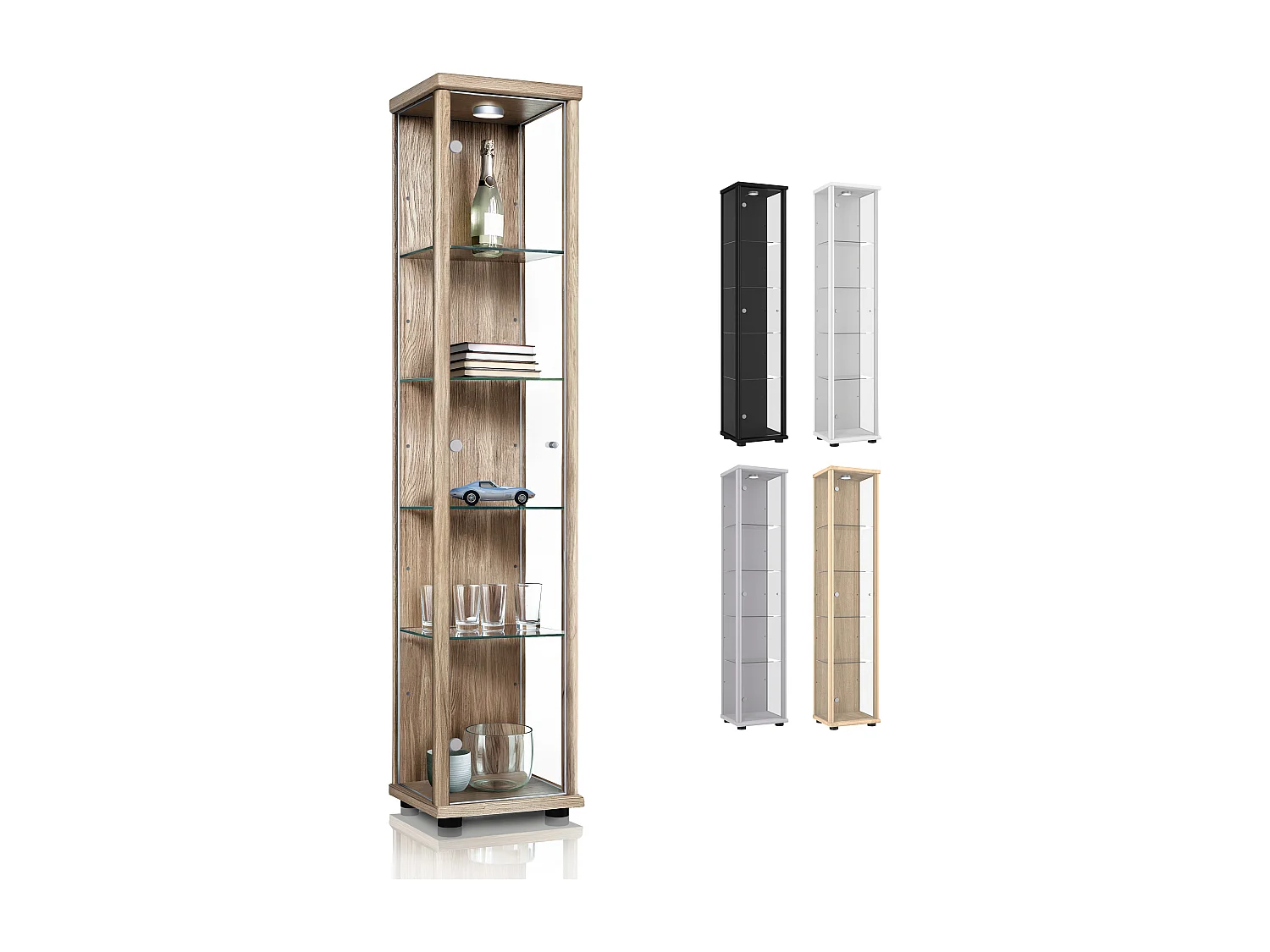 Vitrine sur pied avec 1 porte, 4 étagères en verre réglables en hauteur - Avec éclairage LED - 176x37x33 cm - Chêne Sonoma
