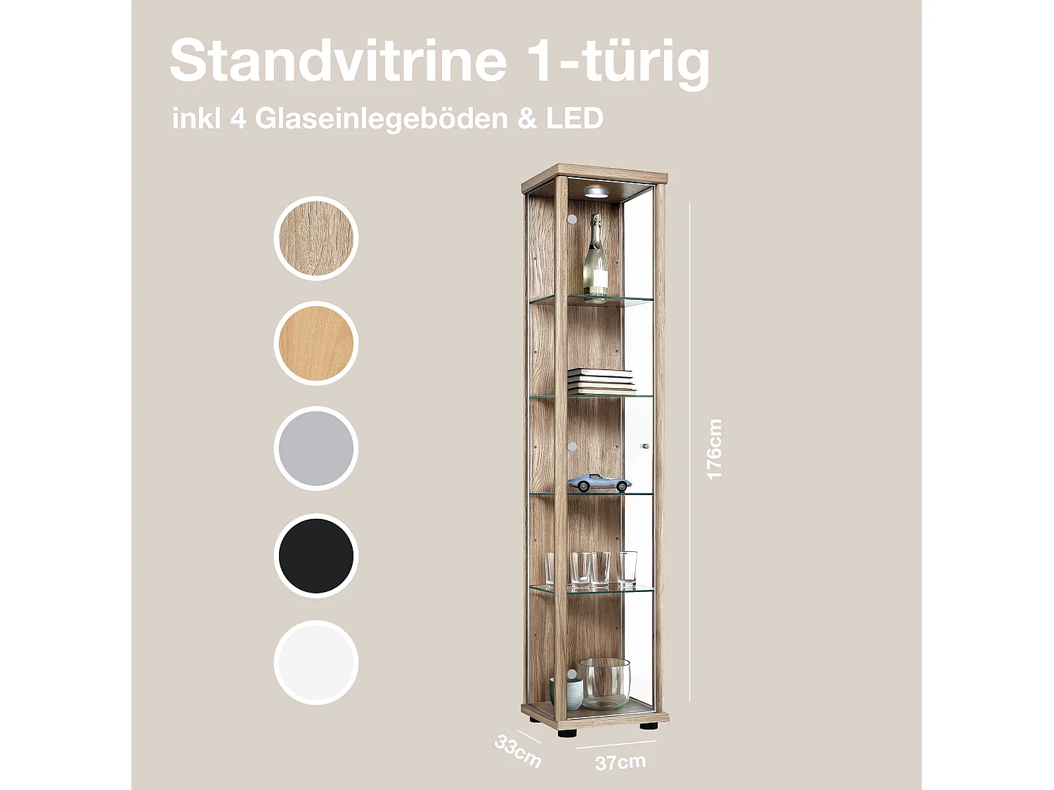 Vitrine sur pied avec 1 porte, 4 étagères en verre réglables en hauteur - Avec éclairage LED - 176x37x33 cm - Chêne Sonoma