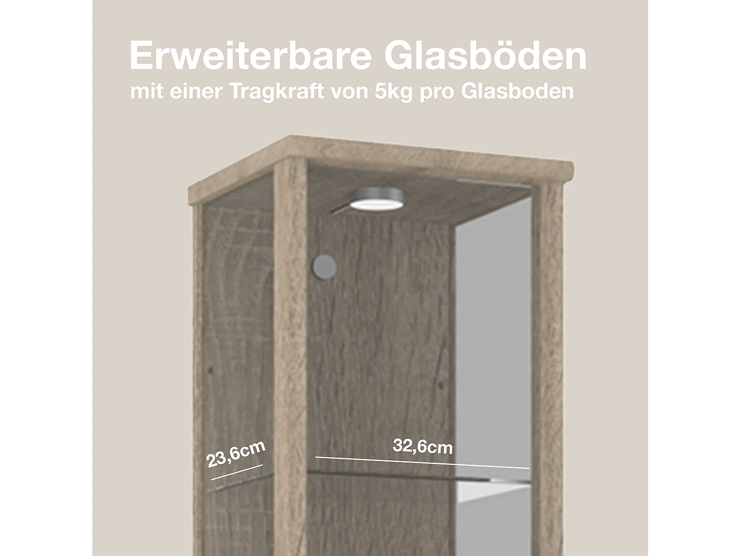 Vitrine sur pied avec 1 porte, 4 étagères en verre réglables en hauteur - Avec éclairage LED - 176x37x33 cm - Chêne Sonoma