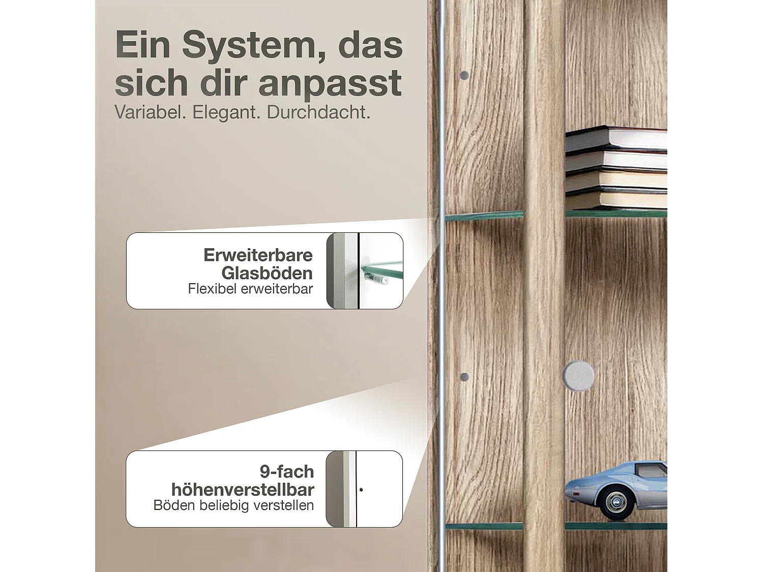 Vitrine sur pied avec 1 porte, 4 étagères en verre réglables en hauteur - Avec éclairage LED - 176x37x33 cm - Chêne Sonoma