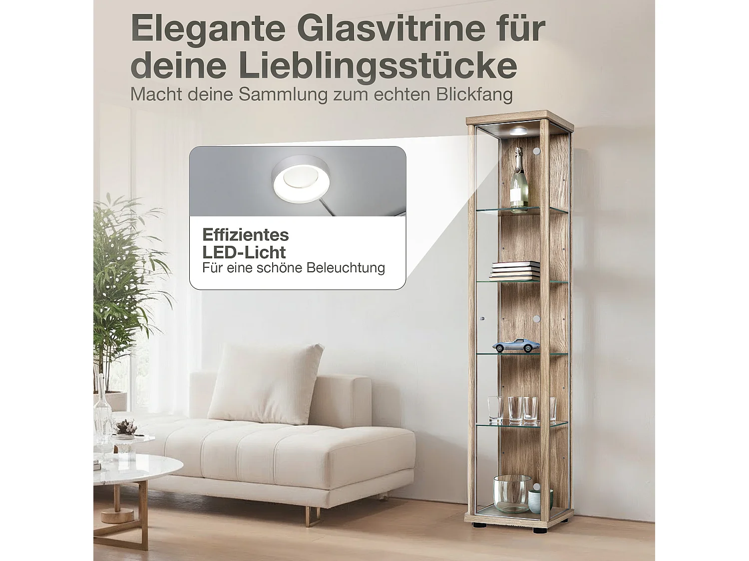 Vitrine sur pied avec 1 porte, 4 étagères en verre réglables en hauteur - Avec éclairage LED - 176x37x33 cm - Chêne Sonoma