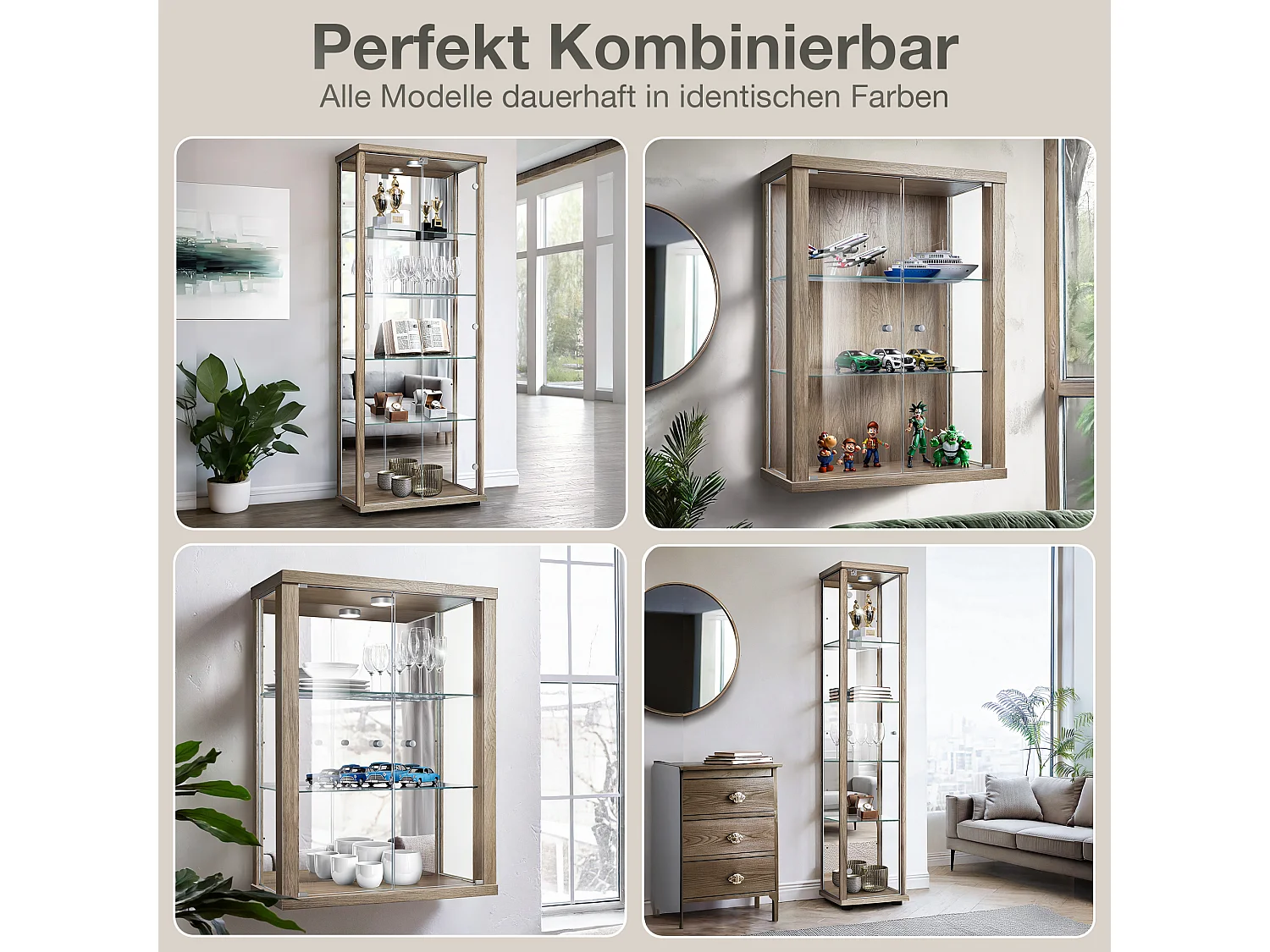 Vitrine sur pied avec 1 porte, 4 étagères en verre réglables en hauteur - Avec éclairage LED - 176x37x33 cm - Chêne Sonoma
