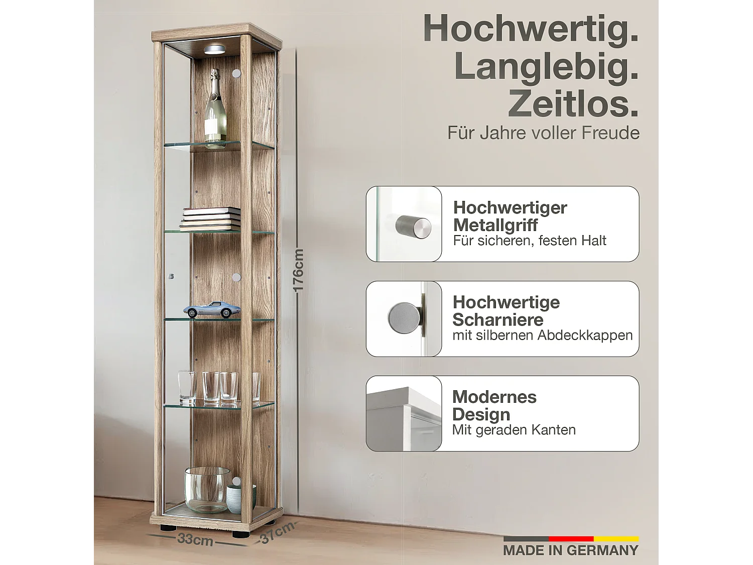 Standvitrine mit 1 Tür, 4 Höhenverstellbaren Glasböden - Mit LED-Beleuchtung- 176x37x33 cm - Sonoma Eiche
