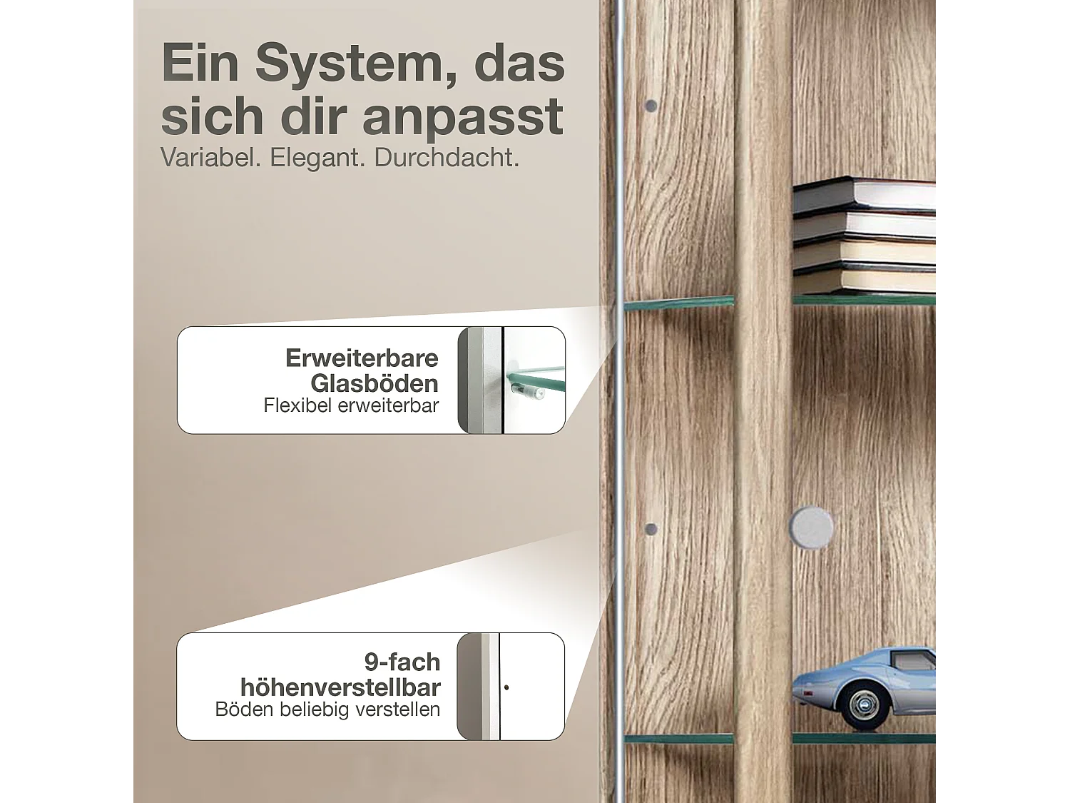 Standvitrine mit 1 Tür, 4 Höhenverstellbaren Glasböden - Mit LED-Beleuchtung- 176x37x33 cm - Sonoma Eiche