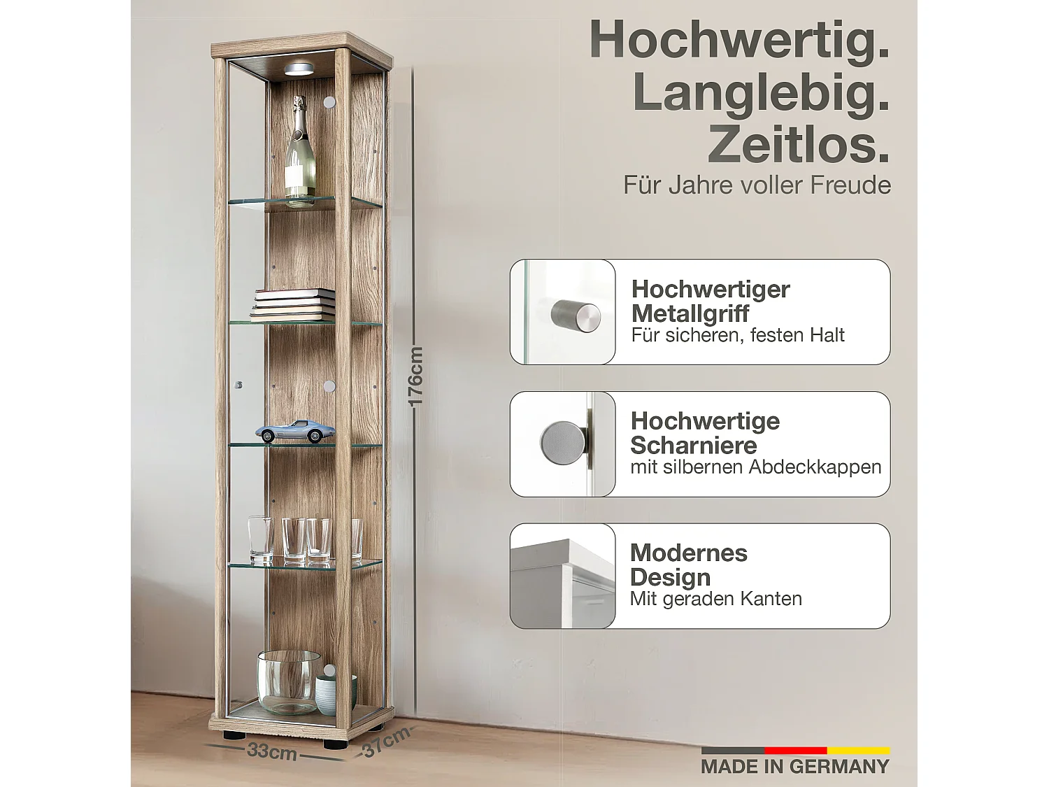 Staande vitrine met 1 deur, 4 in hoogte verstelbare glasplanken - Met LED-verlichting - 176x37x33 cm - Sonoma eiken