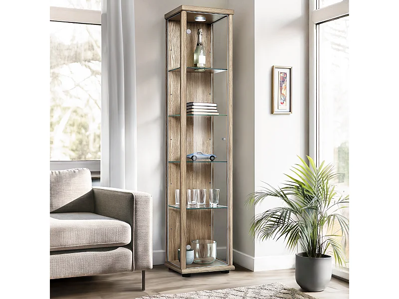 Vitrine sur pied avec 1 porte, 4 étagères en verre réglables en hauteur - Avec éclairage LED - 176x37x33 cm - Chêne Sonoma