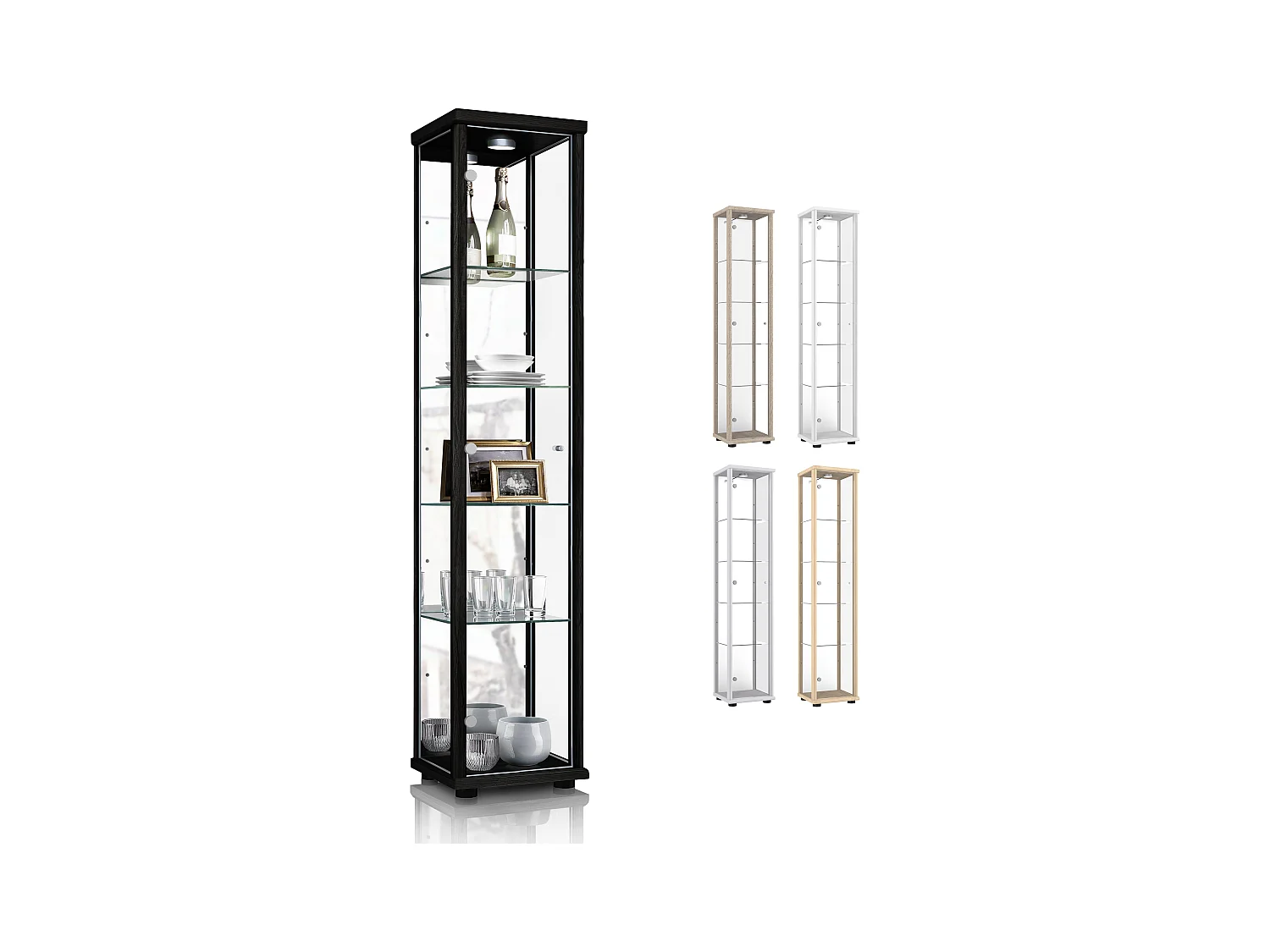 Standvitrine mit 1 Tür, 4 Höhenverstellbaren Glasböden & Spiegel - Mit LED-Beleuchtung- 176x37x33 cm - Schwarz